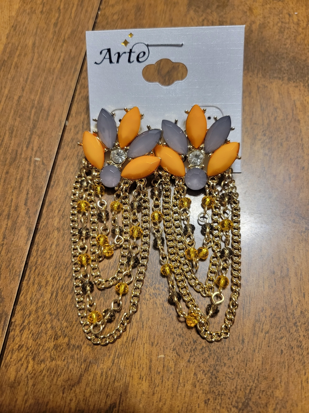 Gold-Chain Drop Earrings in Orange and Gray